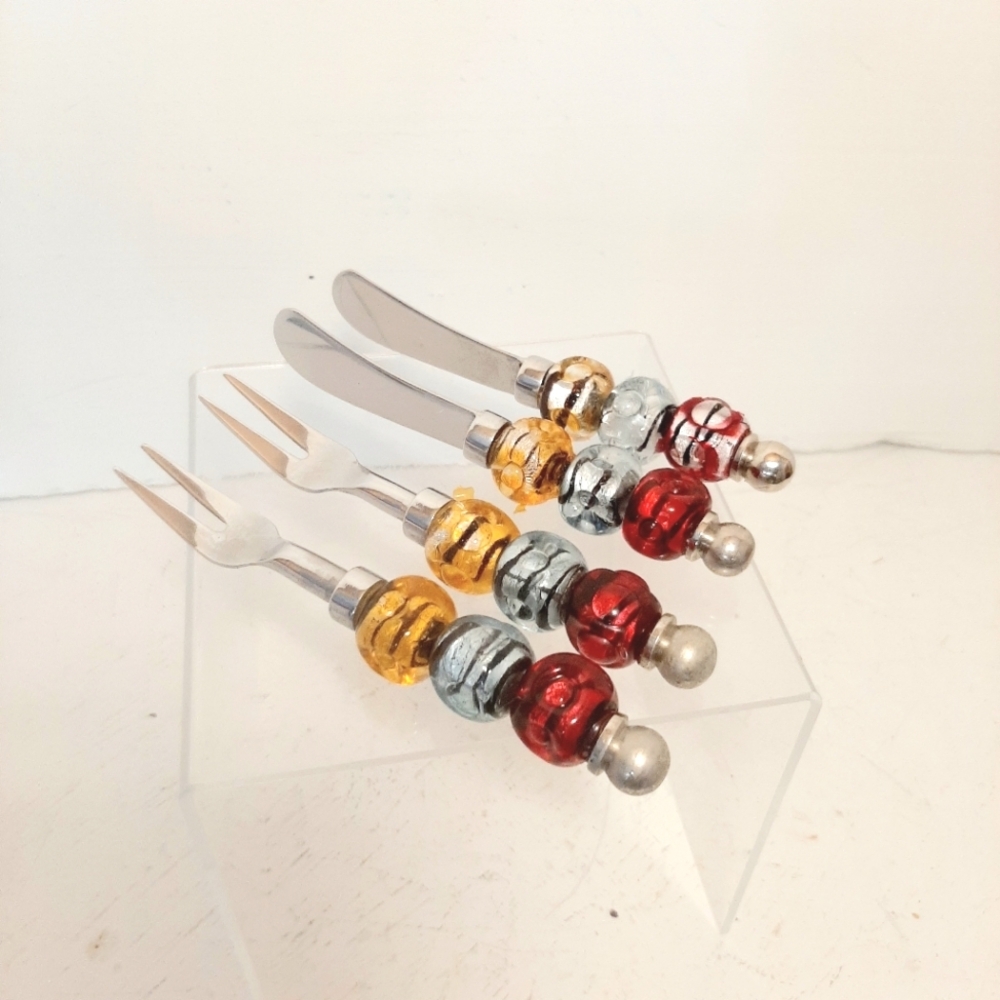 Colorful Dichroic Glass Beaded Cheese Knives and Forks Set
